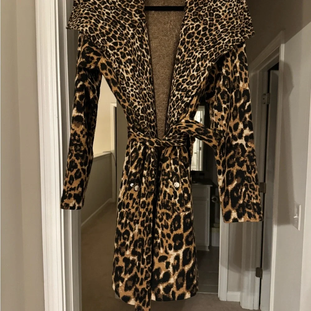 White House Black Market Leopard Print Trench Coat - Brown & Black - Picture 2 of 6